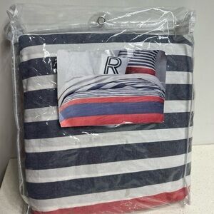 Land of Nod Striped Navy and Red Twin Duvet and Pillowcase Bedding Set